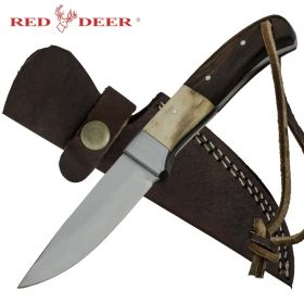 Red Deer Real Bone Pakka Wood Handle 440 Stainless Steel Genuine Leather Sheath