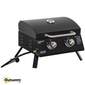 Outsunny 2 Burner Propane Gas Grill Portable Tabletop BBQ with Foldable Legs Lid Thermometer for Camping Black