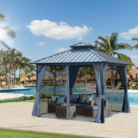 10x10ft Gazebo Double Roof Canopy with Netting and Curtains, Outdoor Gazebo 2-Tier Hardtop Galvanized Iron Aluminum Frame Garden Tent for Patio