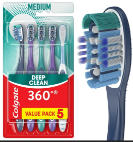 Colgate 360 Whole Mouth Clean Adult Manual Toothbrush, Medium, 5 Pack