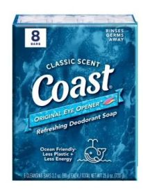 Coast Refreshing Deodorant Bar Soap, for All Skin Types, Classic Scent, 3.2 oz, 8 Bars