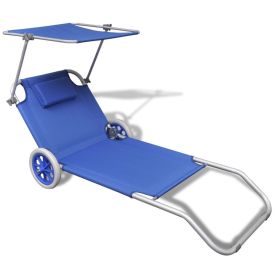 Folding Sun Lounger with Canopy and Wheels Aluminium Blue