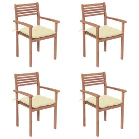Patio Chairs 4 pcs with Cream White Cushions Solid Teak Wood