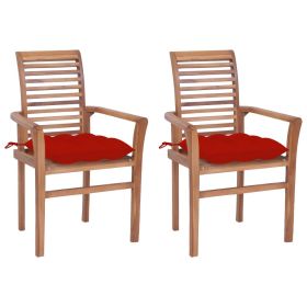 Dining Chairs 2 pcs with Red Cushions Solid Teak Wood