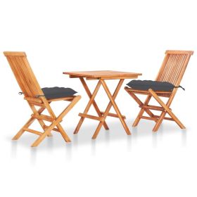 3 Piece Bistro Set with Anthracite Cushions Solid Teak Wood