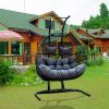 2 Person Folding Double Swing Chair Wicker Rattan Egg Chair with Stand and Cushion (Black+anthracite)