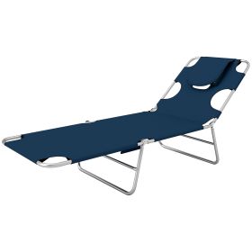 Outsunny Folding Outdoor Chaise Lounge Sun Tanning Chair with Face Cavity, Pillow, 5-level Adjustable for Beach, Pool, Dark Blue
