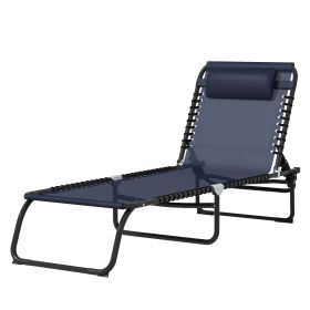 Outsunny Folding Chaise Lounge Pool Chair with 4-Position Reclining Back, Pillow, Breathable Mesh & Bungee Seat, Dark Blue