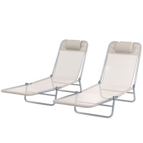 Outsunny 2 Piece Sun Loungers, Folding Chaise Lounge Chairs with Reclining Back, Breathable Mesh Seat, Headrest, Cream White