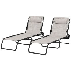 Outsunny 2 Folding Chaise Lounge Pool Chairs with 4-Position Reclining Back, Pillow, Breathable Mesh & Bungee Seat, Dark Blue