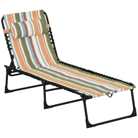 Outsunny Folding Chaise Lounge Pool Chair with 4-Position Reclining Back, Pillow, Breathable Mesh & Bungee Seat, Rainbow Striped