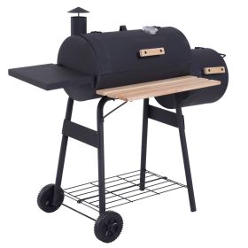 Outsunny Charcoal BBQ, Portable Grill with Wheels, All-in-One Grill, Side vent, Two Shelves and Metal Grating, Lit-Mounted Thermometer, Wooden Handle