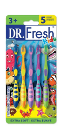 Dr. Fresh Brand Kids Toothbrushes, Ergonomic Non-Slip Handle, Extra Soft Bristles, Tongue Cleaner, 5 Count