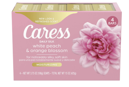 Caress Bar Soap for Women, Daily Silk White Peach & Orange Blossom for All Skin 3.75 oz 4 Ct