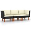 3-Seater Patio Sofa with Cushions Black Poly Rattan