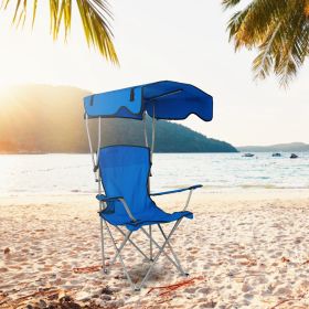 Foldable Beach Canopy Chair Sun Protection Camping Lawn Canopy Chair 330LBS Load Folding Seat w/ Cup Holder For Beach Poolside Travel Picnic (Option: Blue)