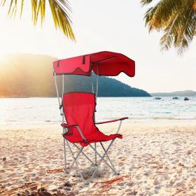Foldable Beach Canopy Chair Sun Protection Camping Lawn Canopy Chair 330LBS Load Folding Seat w/ Cup Holder For Beach Poolside Travel Picnic (Option: Red)