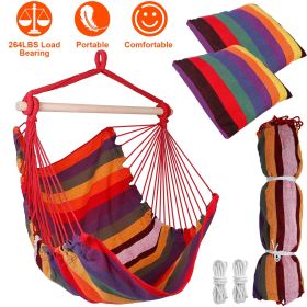 Hammock Hanging Chair Canvas Porch Patio Swing Seat Portable Camping Rope Seat Wooden Stick Hammock Chair with 2 Pillows 265LBS Load-bearing (Option: Red)