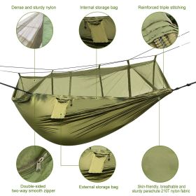 600lbs Load 2 Persons Hammock w/Mosquito Net Outdoor Hiking Camping Hommock Portable Nylon Swing Hanging Bed w/ Strap Hook Carry Bag (Option: GRN)