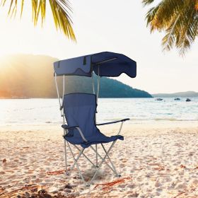 Foldable Beach Canopy Chair Sun Protection Camping Lawn Canopy Chair 330LBS Load Folding Seat w/ Cup Holder For Beach Poolside Travel Picnic (Option: NavyBlue)