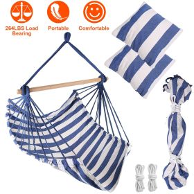 Hammock Hanging Chair Canvas Porch Patio Swing Seat Portable Camping Rope Seat Wooden Stick Hammock Chair with 2 Pillows 265LBS Load-bearing (Option: Blue)