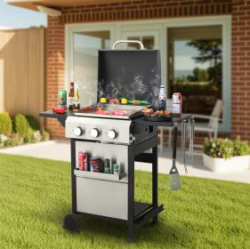 3-Burner Propane Gas BBQ Grill, SS Plancha, 36900BTU Output With Wire Enamel Cooking Grids For Outdoor Barbecue, Foldable Side Table, Hanging Bas (Color: as Pic)