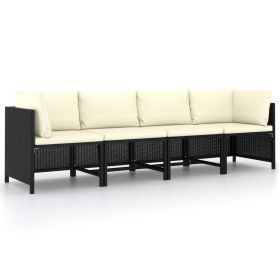 4-Seater Patio Sofa with Cushions Black Poly Rattan (Color: Black)