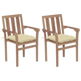 Patio Chairs 2 pcs with Cream White Cushions Solid Teak Wood (Color: Cream)