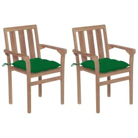 Patio Chairs 2 pcs with Green Cushions Solid Teak Wood (Color: Green)
