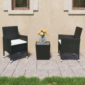 3 Piece Bistro Set Poly Rattan and Tempered Glass Black (Color: Black)