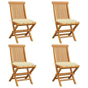 Patio Chairs with Cream White Cushions 4 pcs Solid Teak Wood (Color: Cream)