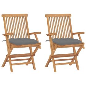 Patio Chairs with Gray Cushions 2 pcs Solid Teak Wood (Color: Grey)