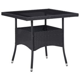 Patio Dining Table Black Poly Rattan and Glass (Color: Black)