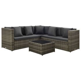 4 Piece Patio Lounge Set with Cushions Poly Rattan Gray (Color: Grey)