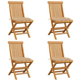 Patio Chairs with Beige Cushions 4 pcs Solid Teak Wood (Color: Beige)