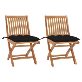 Patio Chairs 2 pcs with Black Cushions Solid Teak Wood (Color: Black)