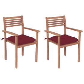 Patio Chairs 2 pcs with Wine Red Cushions Solid Teak Wood (Color: Red)