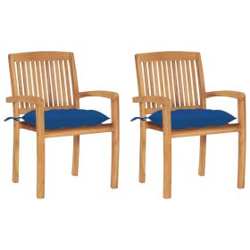 Patio Chairs 2 pcs with Blue Cushions Solid Teak Wood (Color: Blue)