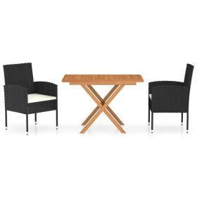 3 Piece Patio Dining Set Poly Rattan & Solid Acacia Wood Black (Color: Black)