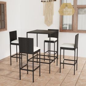 5 Piece Patio Bar Set with Cushions Poly Rattan Black (Color: Black)