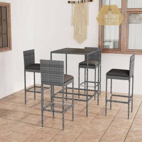 5 Piece Patio Bar Set with Cushions Poly Rattan Gray (Color: Grey)