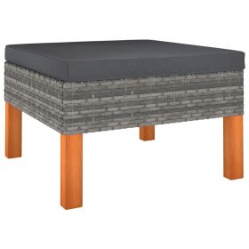 Footstool Poly Rattan and Solid Eucalyptus Wood (Color: Grey)