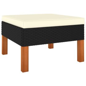 Footstool Poly Rattan and Solid Eucalyptus Wood (Color: Black)