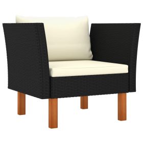 Patio Sofa Poly Rattan and Solid Eucalyptus Wood (Color: Black)