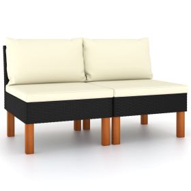 Middle Sofas 2 pcs Poly Rattan and Solid Eucalyptus Wood (Color: Black)