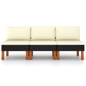Middle Sofas 3 pcs Poly Rattan and Solid Eucalyptus Wood (Color: Black)