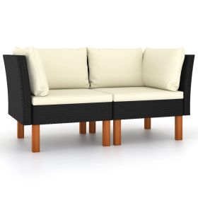 Corner Sofas 2 pcs Poly Rattan and Solid Eucalyptus Wood (Color: Black)