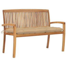 Stacking Patio Bench with Cushion 50.6" Solid Teak Wood (Color: Beige)
