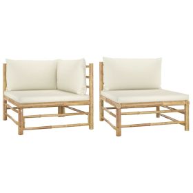 2 Piece Patio Lounge Set with Cream White Cushions Bamboo (Color: Brown)