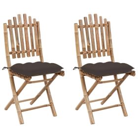 Folding Patio Chairs 2 pcs with Cushions Bamboo (Color: Brown)
